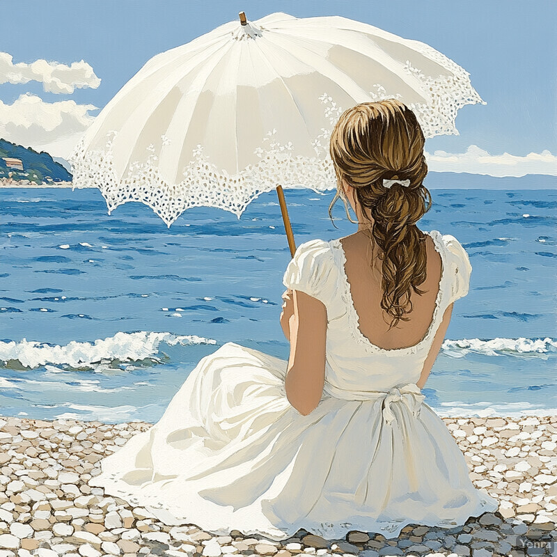 A woman sits on the beach, gazing out at the ocean under an elegant parasol