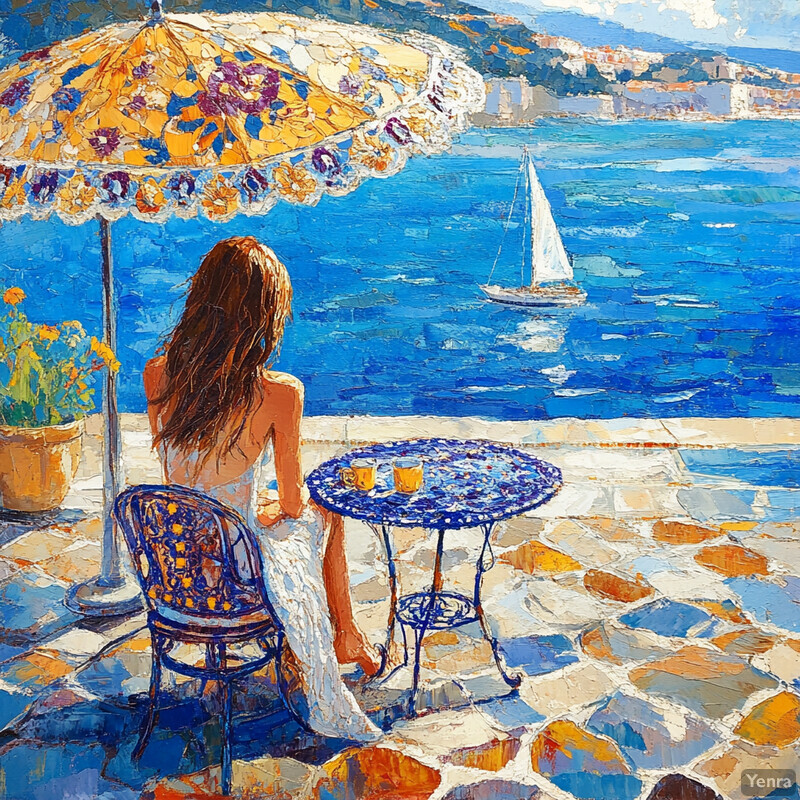 A serene seaside scene featuring a woman sitting on a stone patio, gazing out at the ocean.