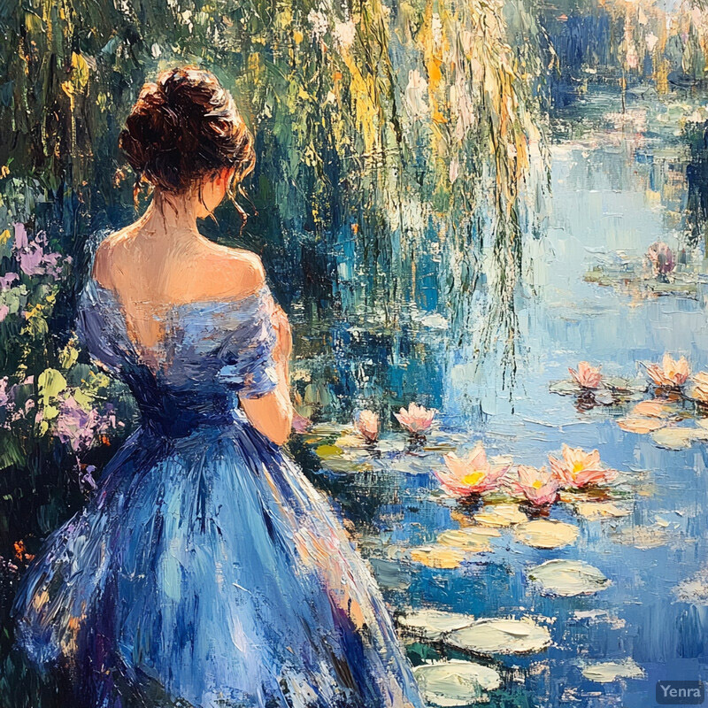 A woman in a blue dress stands by a pond surrounded by greenery and flowers, exuding confidence and poise.