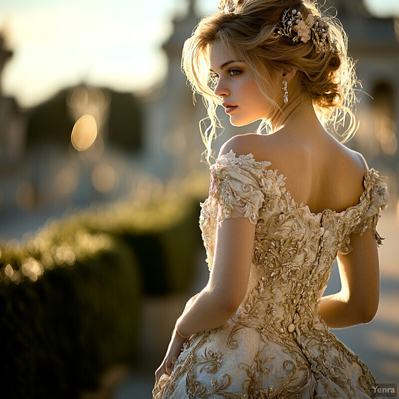 A woman in an off-white gown with gold embroidery stands in front of the Palace of Versailles.