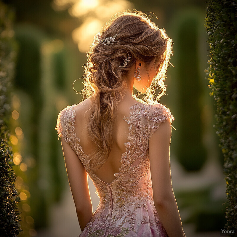 A woman stands confidently in front of a green hedge, dressed in a stunning pink dress with intricate lace details and a low-cut back.