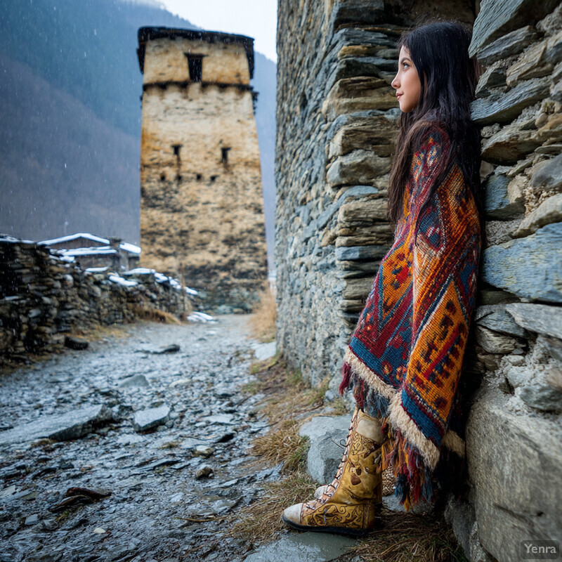 A woman stands in front of a stone wall, surrounded by rolling hills and trees, exuding serenity and connection to nature.