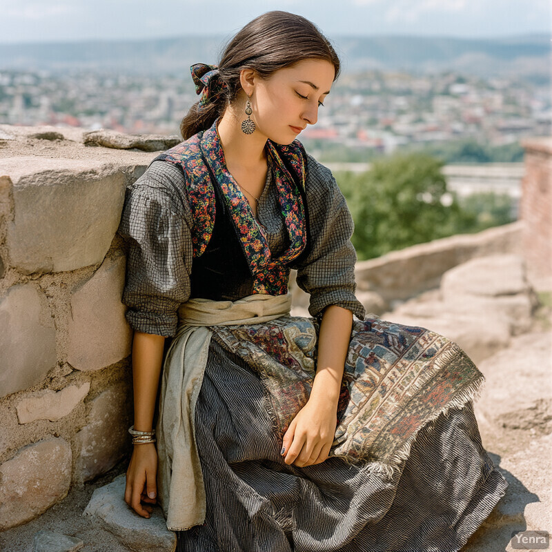 A young woman sits on stone steps in traditional clothing, gazing downward with confidence and poise amidst a cityscape backdrop.