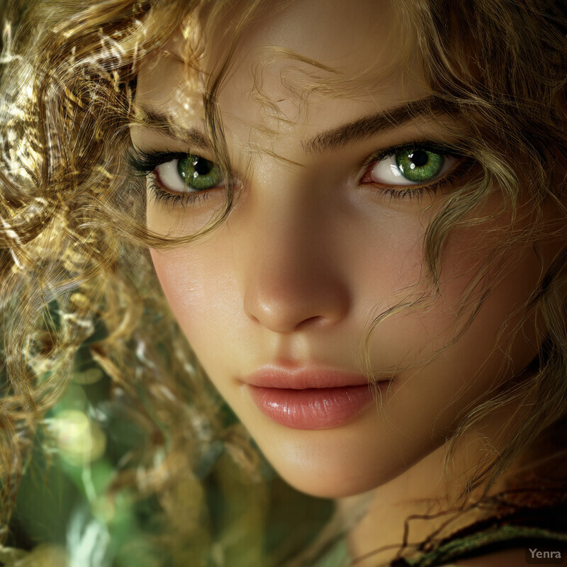 A close-up portrait of a woman with fair skin, pinkish-pale lips, and green eyes, set against a blurred background of foliage or plants.