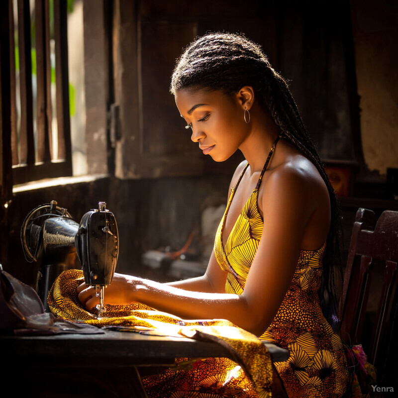 A young Black woman sews at an old sewing machine in a rustic wooden cabin.