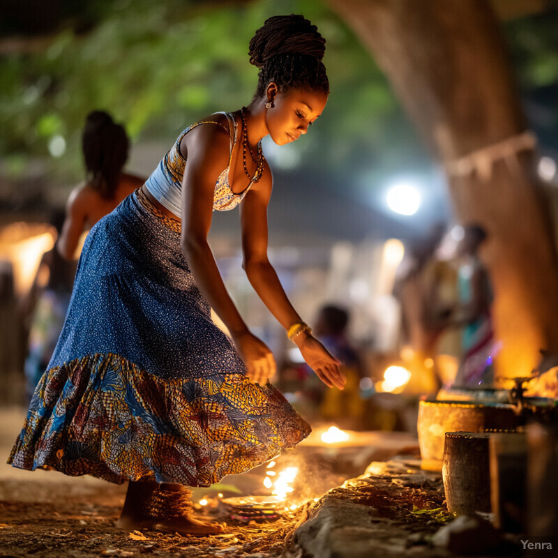 A woman stands in front of a fire, cooking or preparing food, wearing traditional African attire.