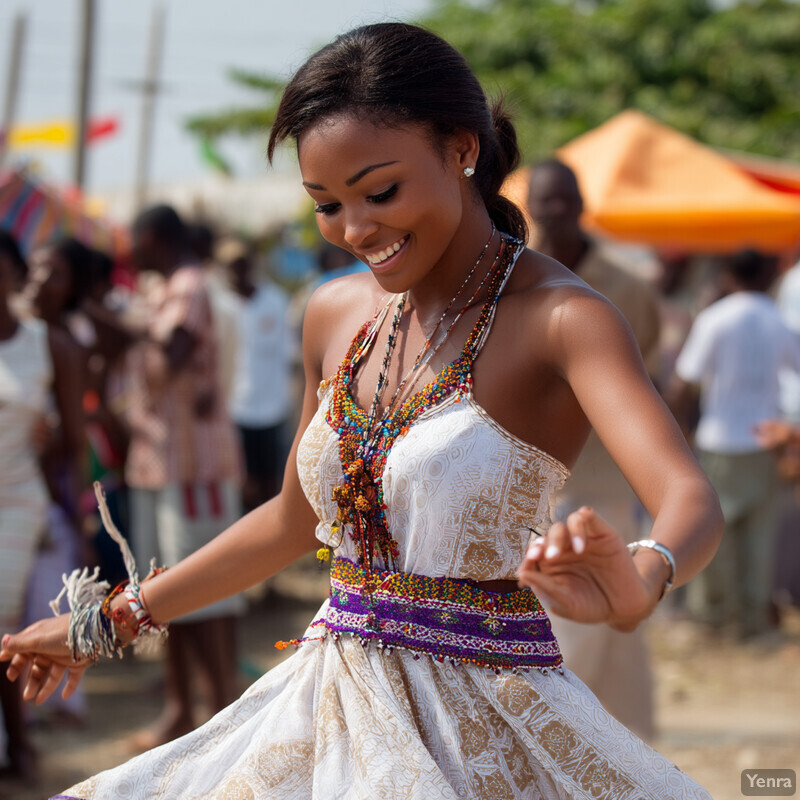 A woman in a white dress with gold accents dances or gestures to someone off-camera while surrounded by a crowd gathered around an orange tent.