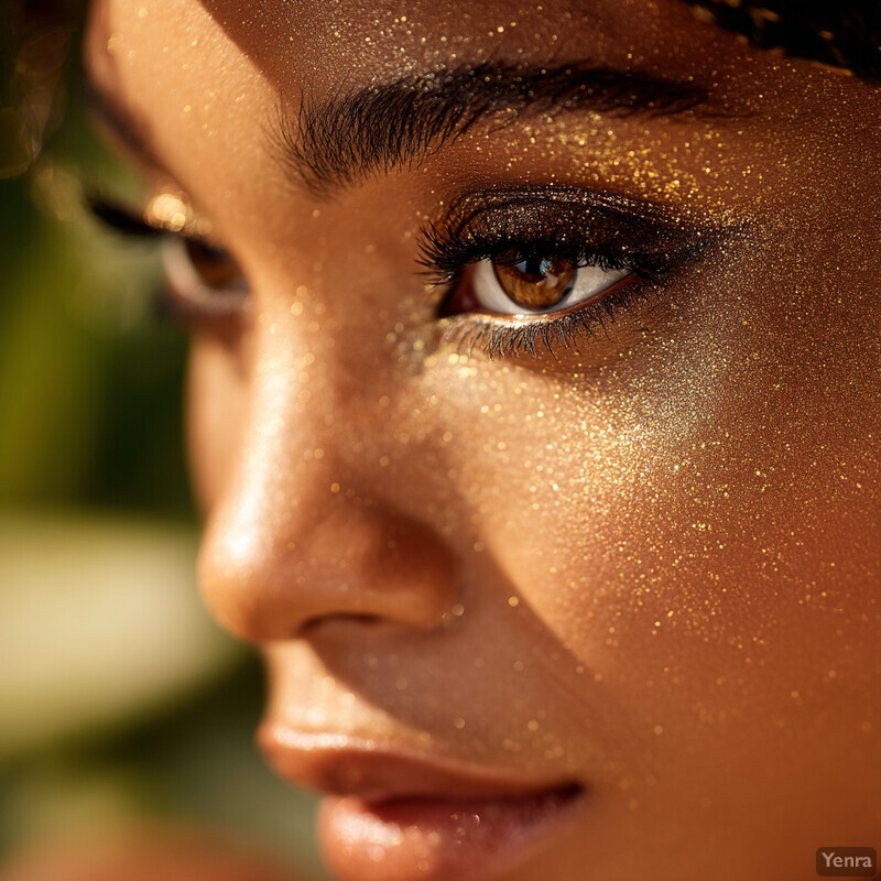 A close-up image of a woman's face covered in gold glitter, possibly taken during outdoor celebrations.