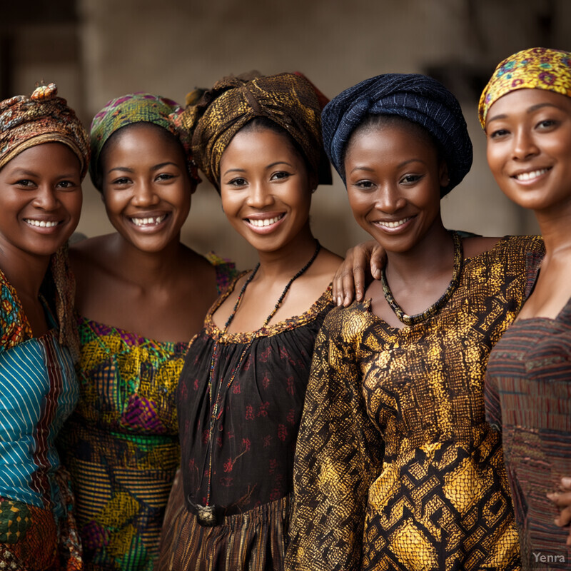 A group of five women smiling towards the camera, showcasing diverse head wraps and colorful dresses in various patterns and prints.