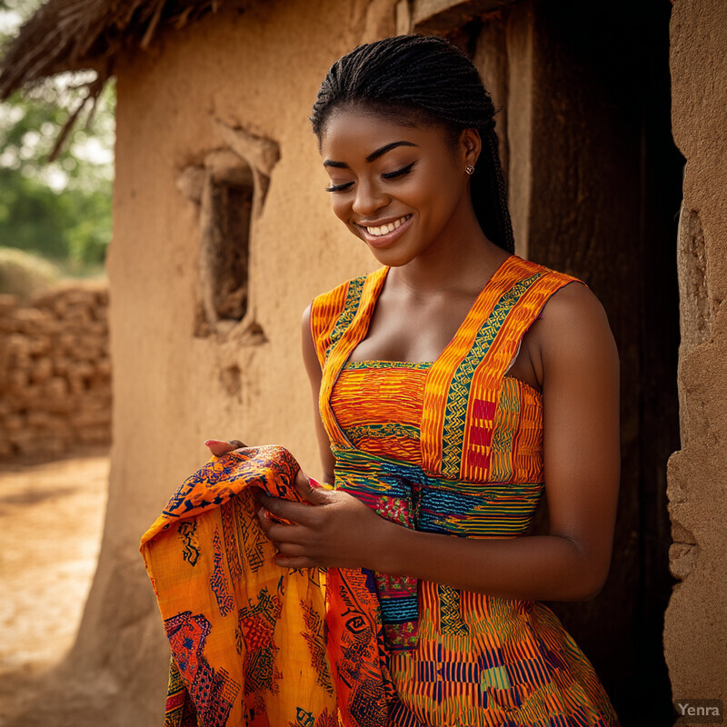 A woman stands outside a traditional Ghanaian mud hut, wearing vibrant Kente fabric attire.