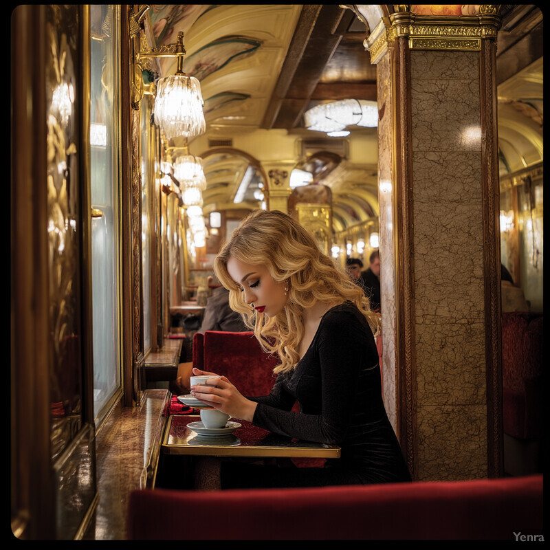 A serene moment captured in a train carriage, where a woman enjoys tea on a red velvet bench with a view of the passing landscape through the window.