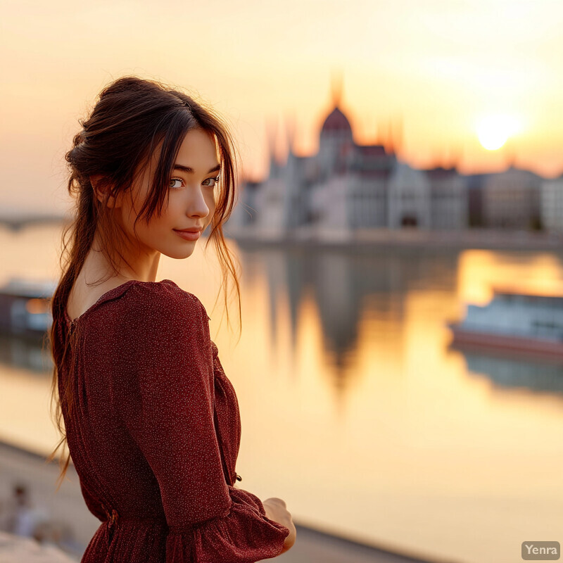 A woman stands on a bridge or rooftop, gazing out at a stunning sunset over an urban landscape