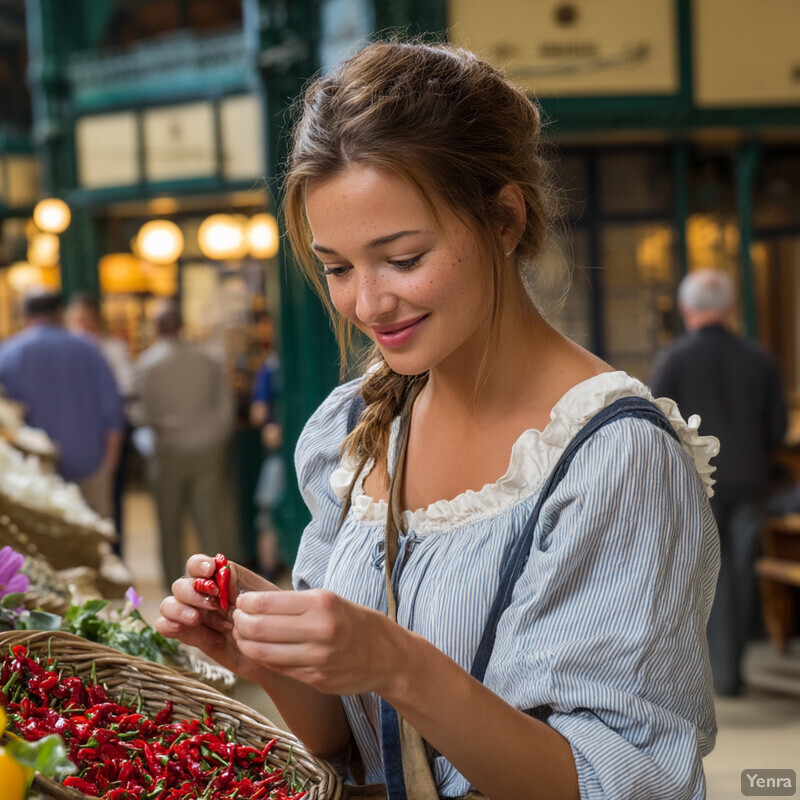 A young woman selects red chili peppers from a basket at an outdoor market or farm-to-table operation.