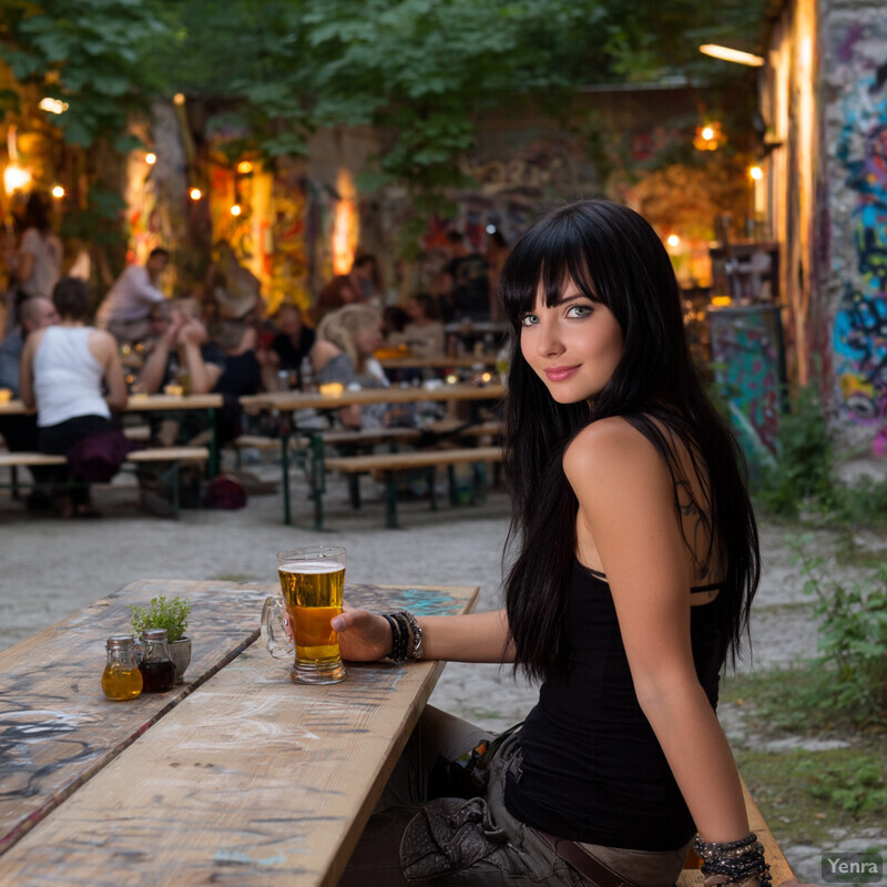 Woman enjoying a beer in an outdoor setting