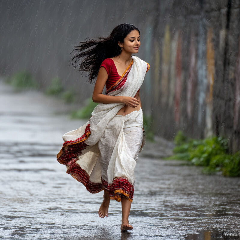 Young woman running down a wet street, wearing a white sari with red and orange accents.