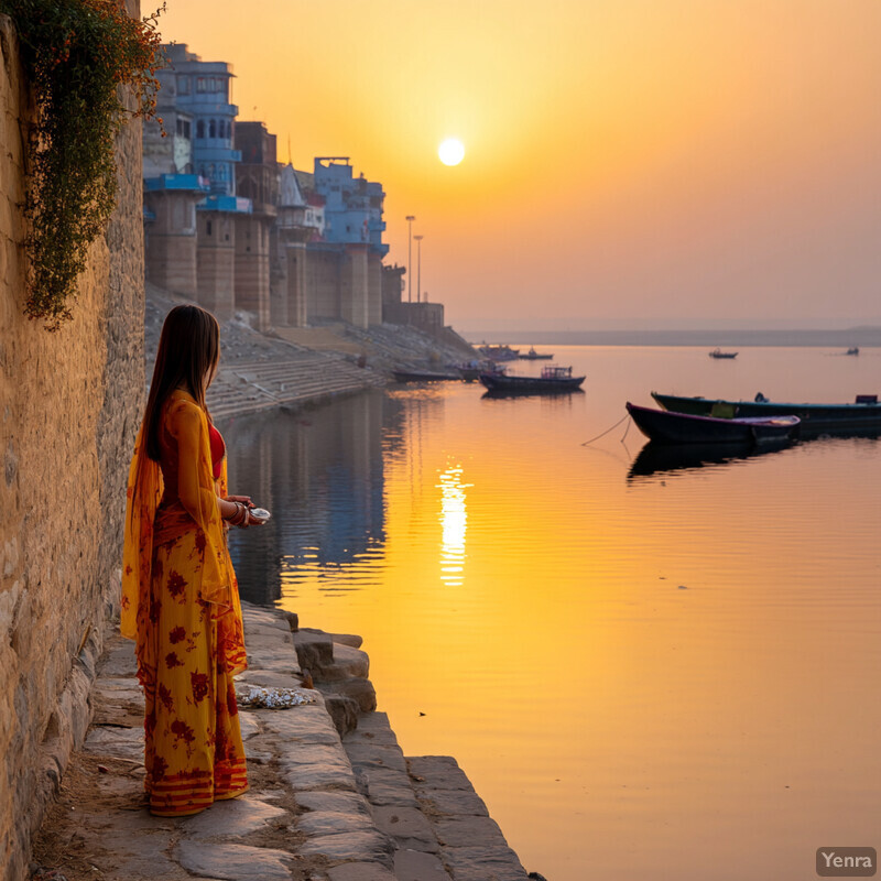 A woman stands by a body of water at sunset, surrounded by boats and buildings.