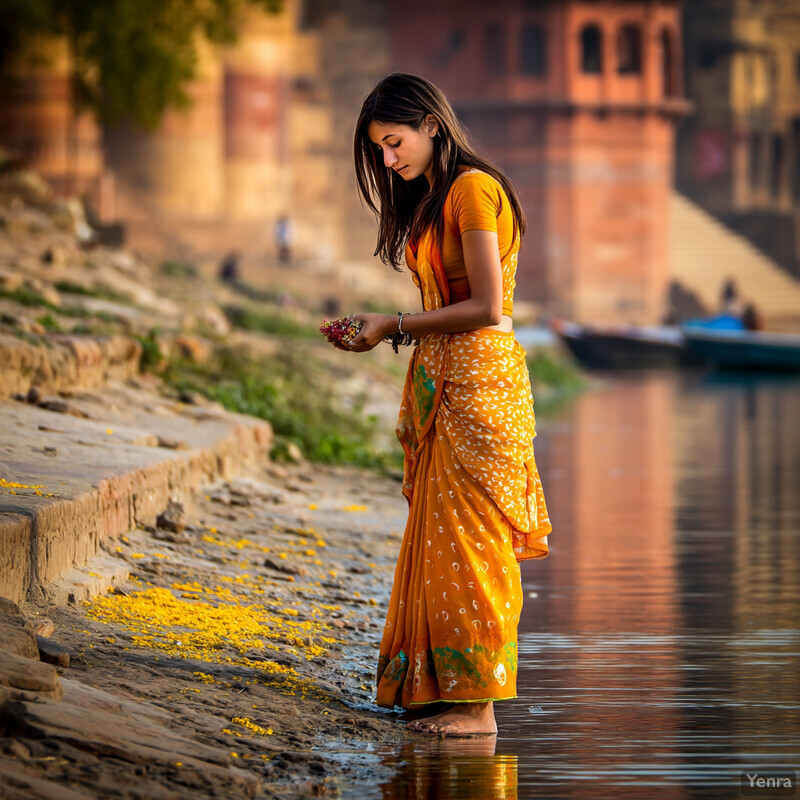 Woman collecting yellow petals in shallow water