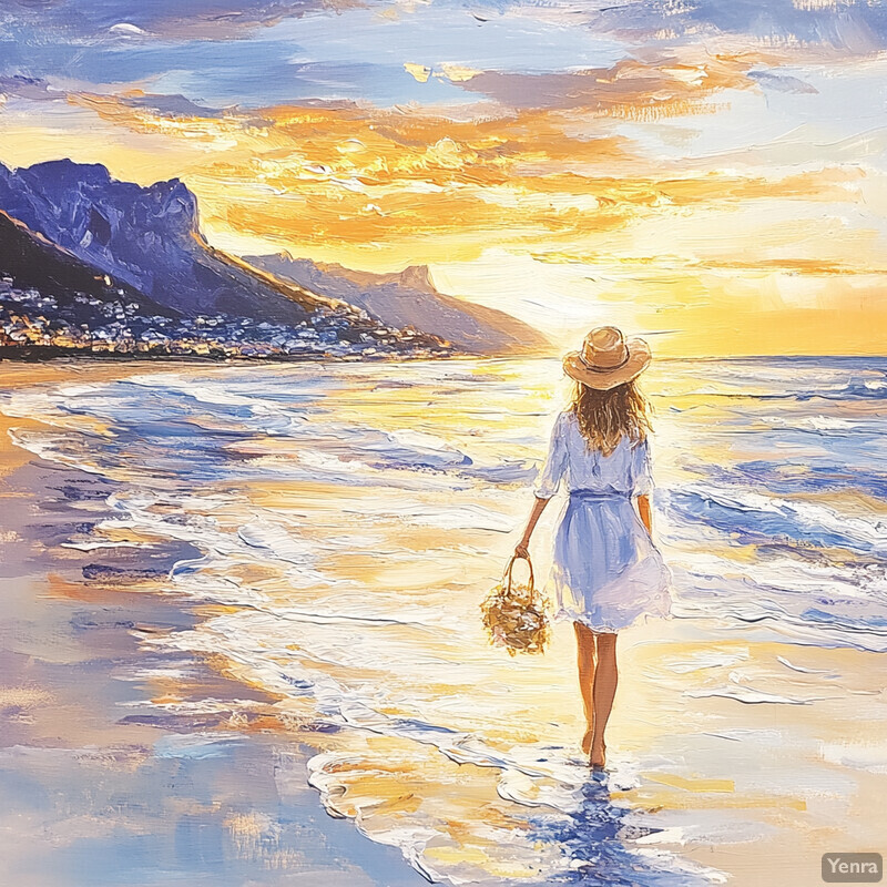 A serene beach scene at sunset, featuring a woman in a white dress and straw hat walking away from the viewer with a woven basket.