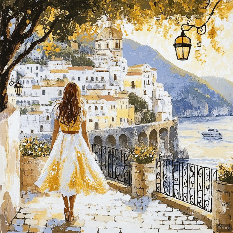 A serene scene of a woman strolling along a cobblestone path in front of a white building with a golden dome, set against a tranquil body of water.