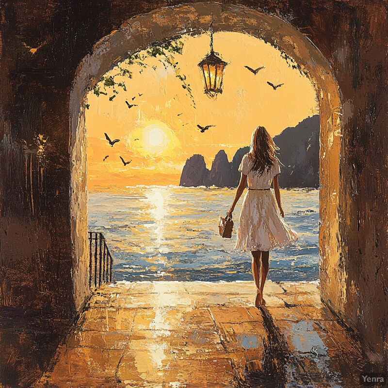 Woman standing in an arched doorway overlooking the sea at sunset