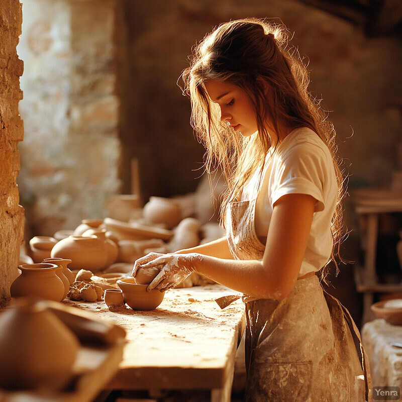 A young girl engaged in pottery-making at a table, surrounded by various pottery pieces in a rustic environment.