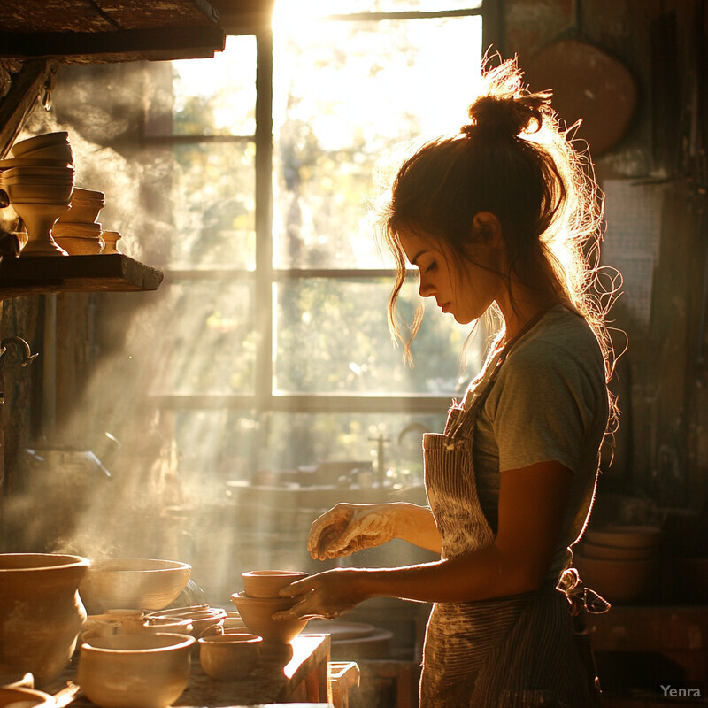 An artisan daughter working on pottery at her workshop