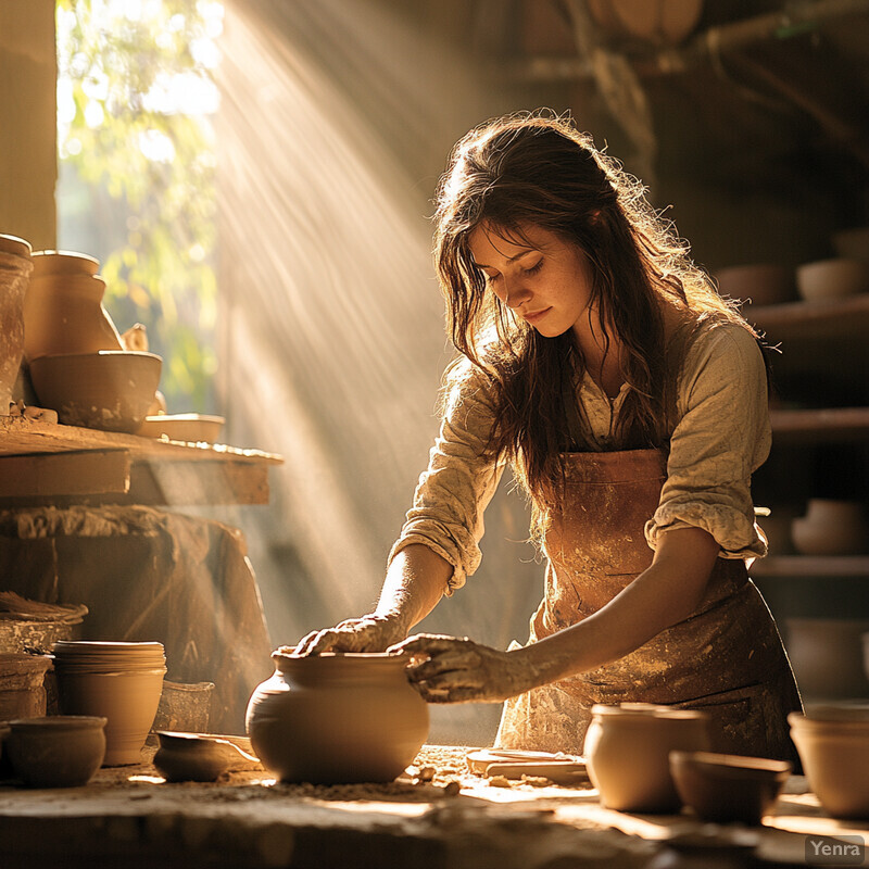 An artisan daughter creates pottery at her workshop