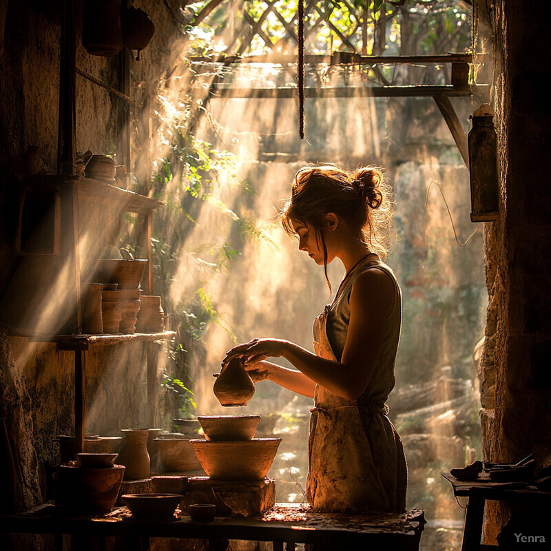 An artisan daughter works in her workshop, shaping clay into a bowl or vase.