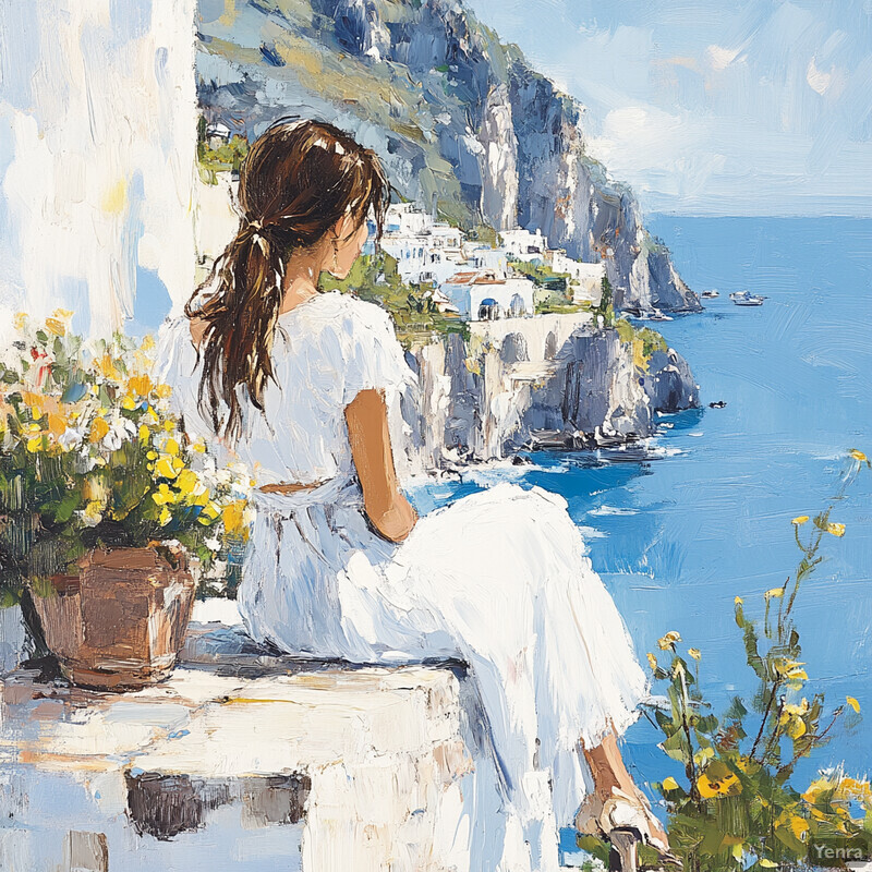 A woman sitting on a stone wall overlooking the ocean