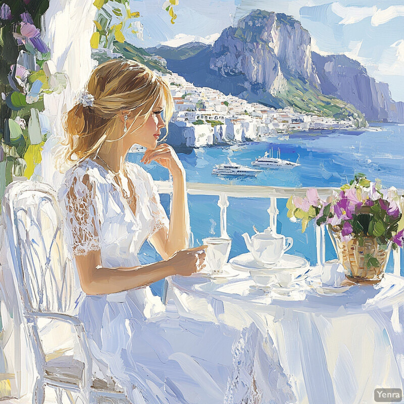 A woman sits on a balcony overlooking the sea, enjoying tea.