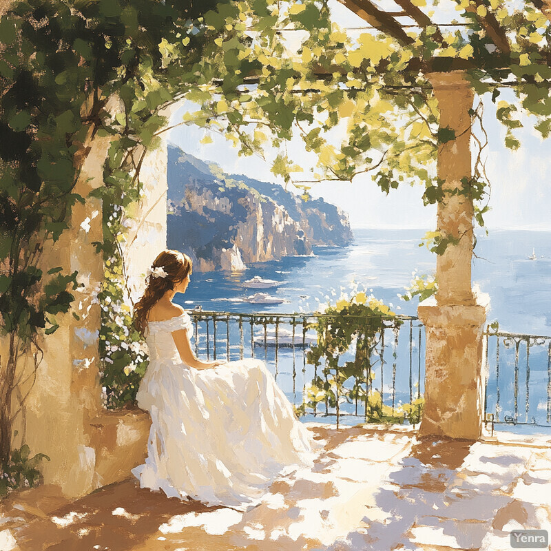 A serene painting of a woman in a white wedding dress sitting on a balcony overlooking the sea.