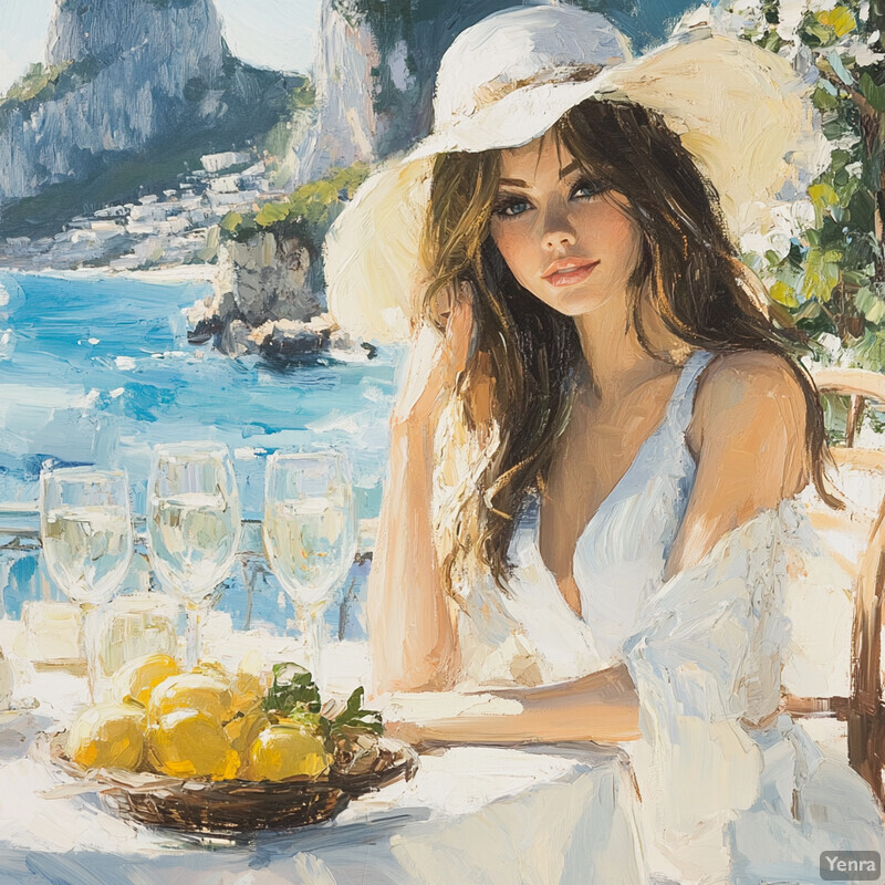 Serene cliffside scene with a woman in white enjoying lemons and water