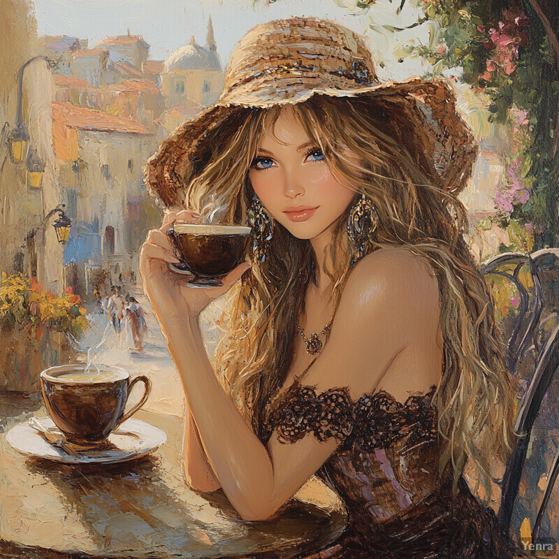 A young woman sits at an outdoor cafe table, sipping coffee and gazing directly at the viewer with a subtle smile.