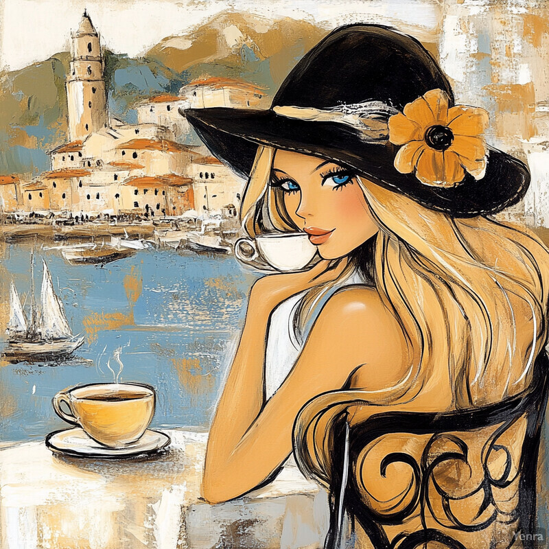 Woman enjoying coffee in front of picturesque town