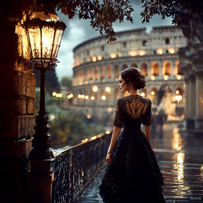 A woman in a black dress stands on a bridge near the Colosseum