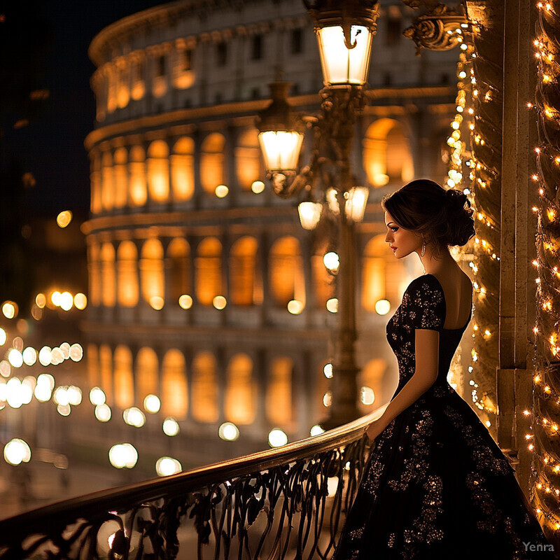 A woman stands on a balcony at night, gazing out over a cityscape.