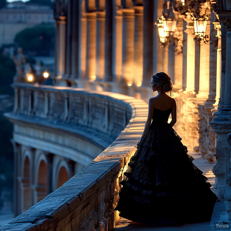 A woman in a black dress stands on a balcony or bridge overlooking a cityscape