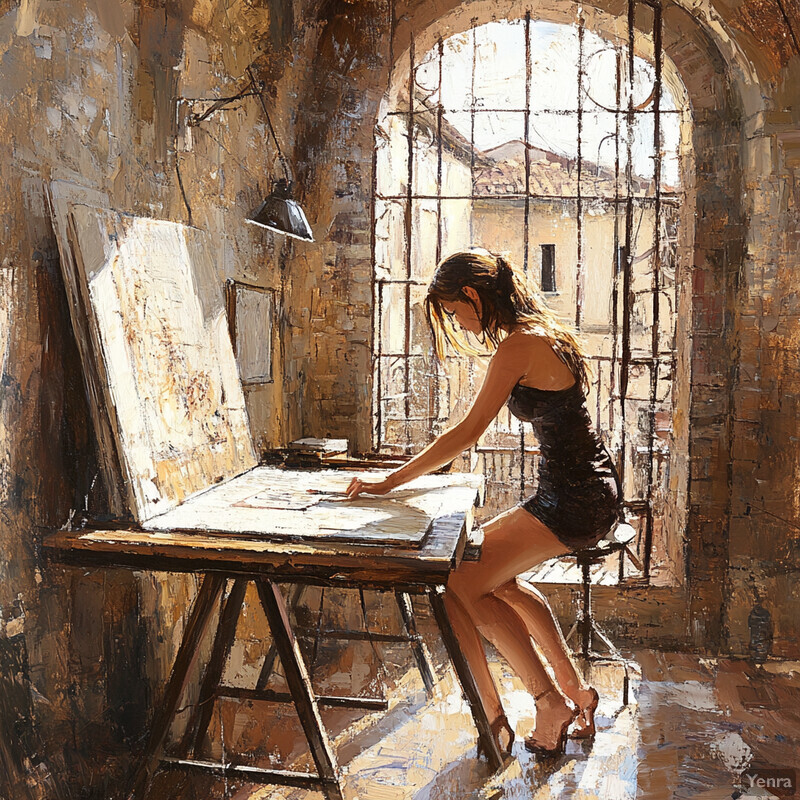 A woman paints at an easel in a well-lit room with natural light pouring in through the windows.