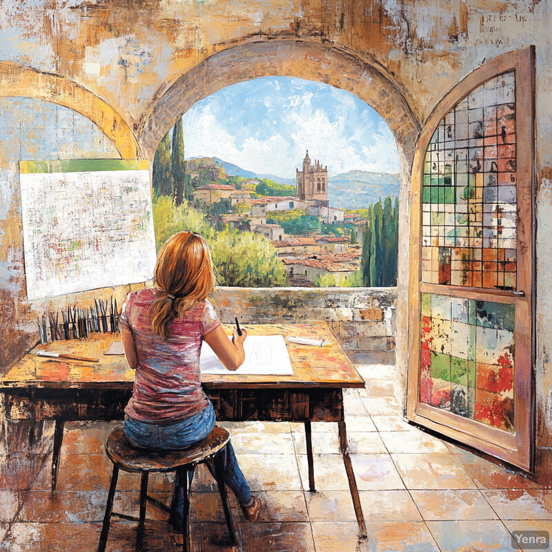 A woman sits at a desk, gazing out at a picturesque landscape through a large window.