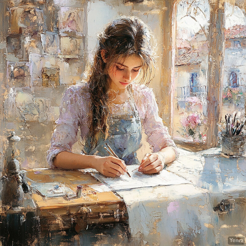 A young woman sits at a desk, focused on her work.