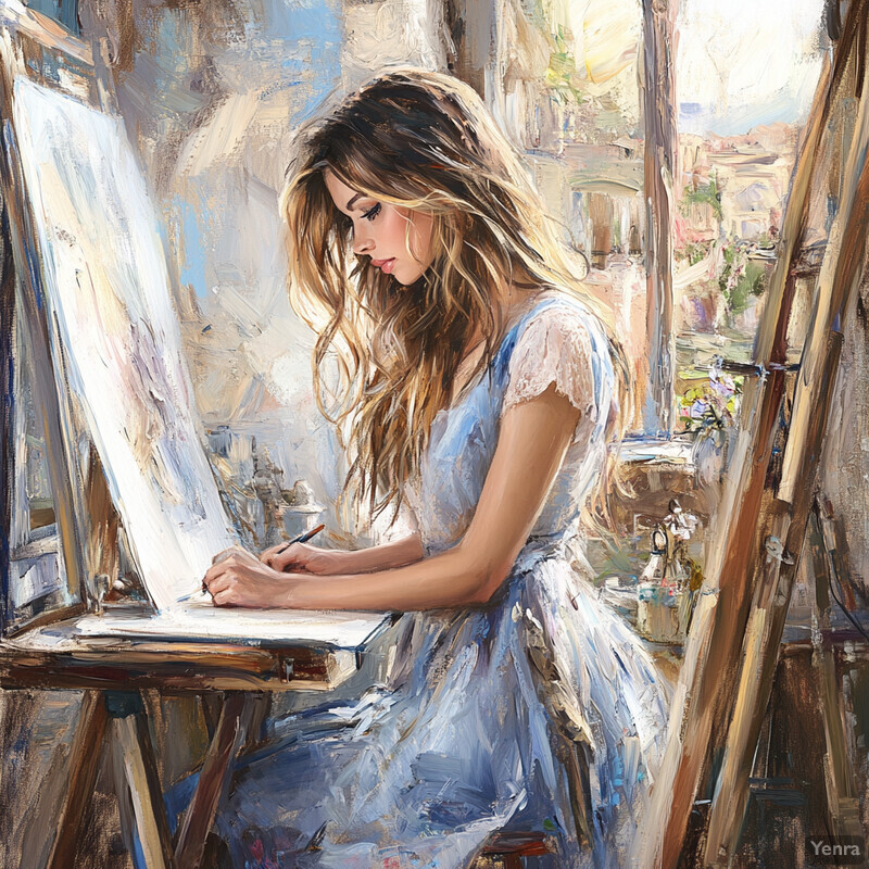 Oil painting of a woman sitting at an easel in front of a blank canvas