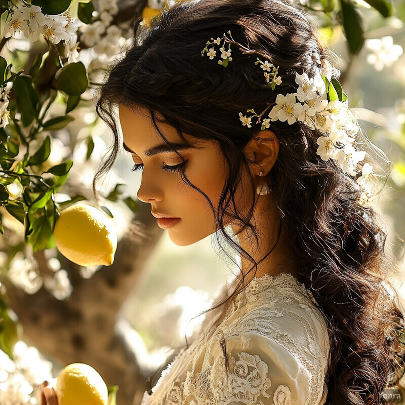 A woman stands in front of a tree with white flowers and lemons, exuding serenity and tranquility.