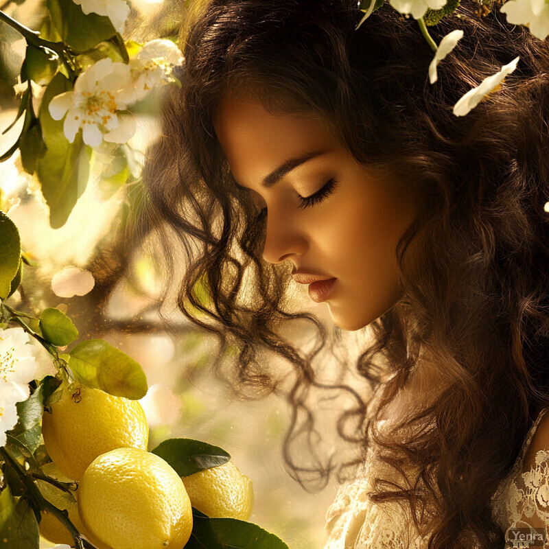 A serene scene of a woman surrounded by lush greenery and vibrant flowers