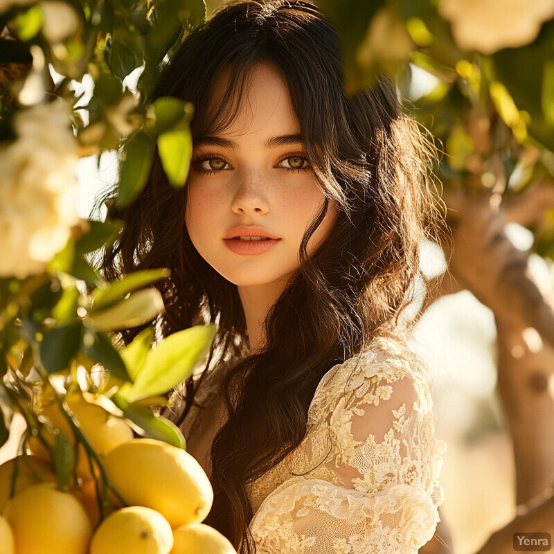 A woman stands amidst a tree with yellow flowers and lemons, wearing a white lace-sleeved dress.