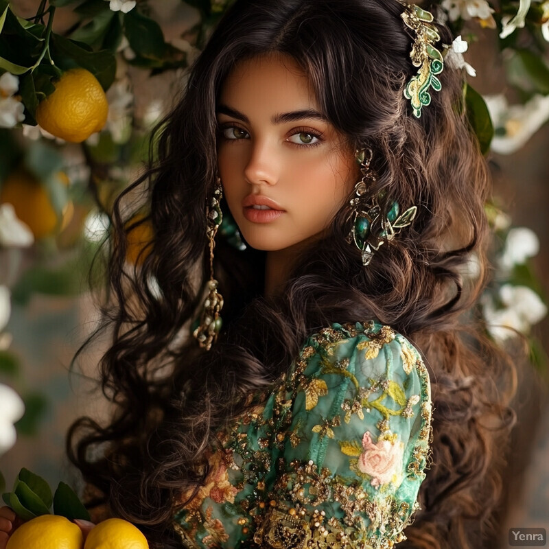 A young woman in an intricately embroidered teal dress holds lemons in a lush garden or orchard