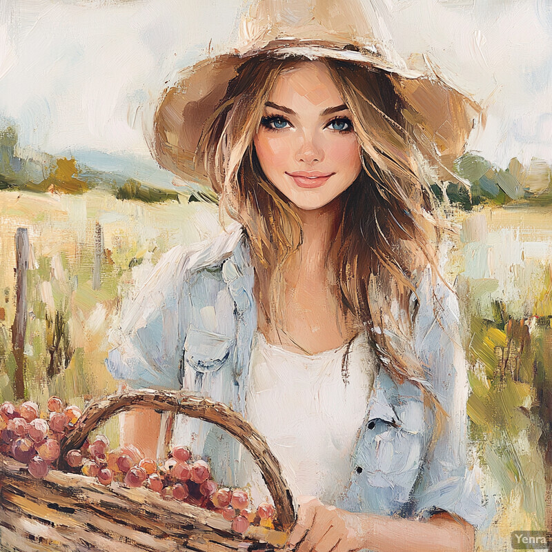 A young woman in a straw hat holding a basket of grapes in an outdoor field.