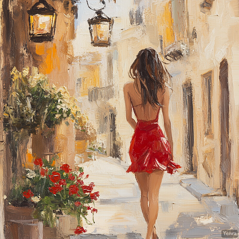 A woman walks down a street in an old European city, wearing a red dress and barefoot.