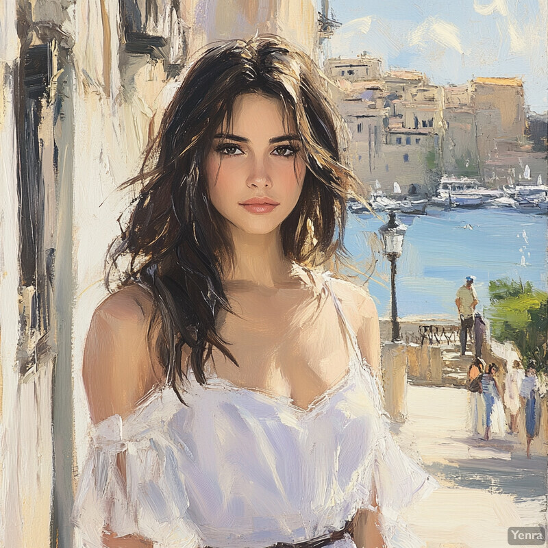 A young woman stands confidently on a city street, her simple yet elegant attire and direct gaze captivating the viewer.