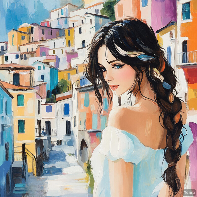 A young woman walks down a narrow street lined with colorful buildings, dressed in a white off-the-shoulder top and her dark hair styled in a braid. She appears relaxed and carefree, gazing directly at the viewer with sparkling brown eyes.