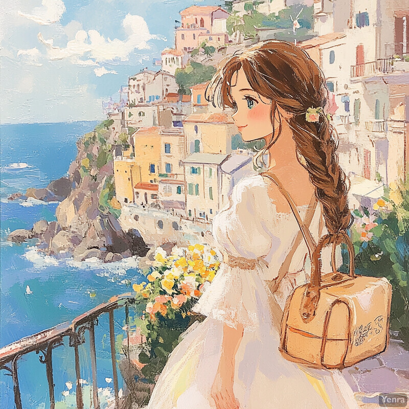 A young woman stands on a cliff overlooking the sea, surrounded by a picturesque coastal town.